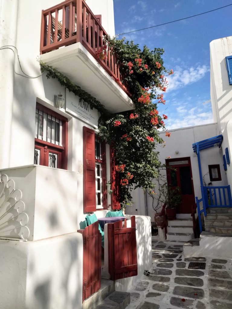 bouganvilla drapped balcony in Mykonos